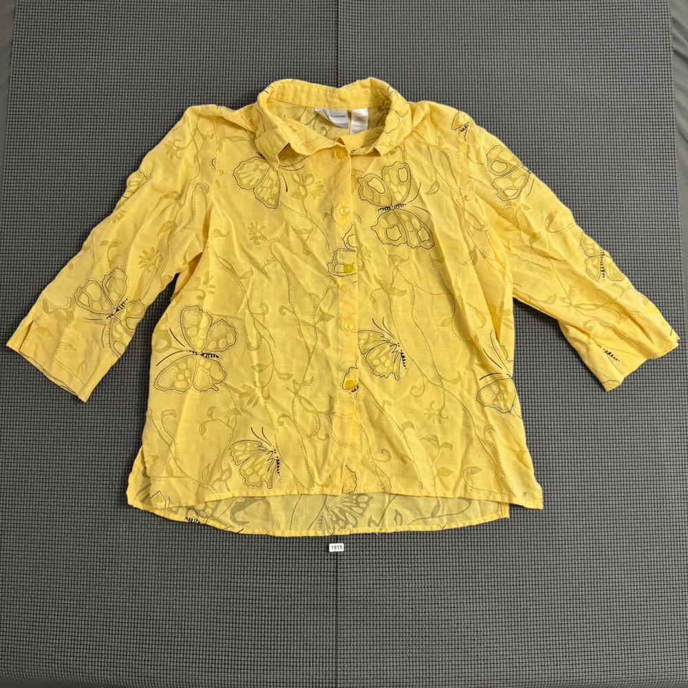 Alfred Dunner Petite Yellow Butterfly Burnout 3/4 Sleeve Button Blouse 14P